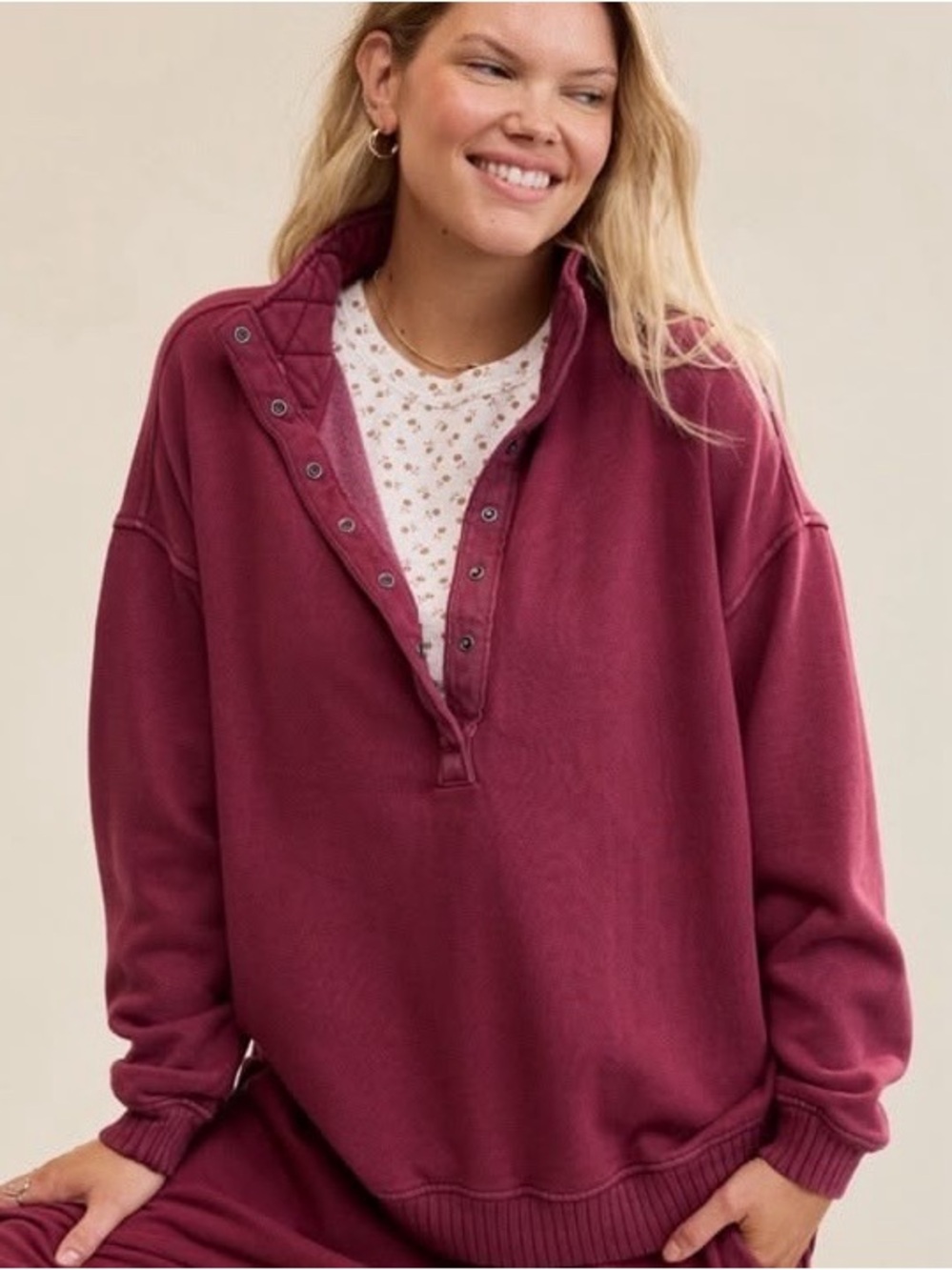 aerie Burgundy Snap-Front Ribbed Pullover